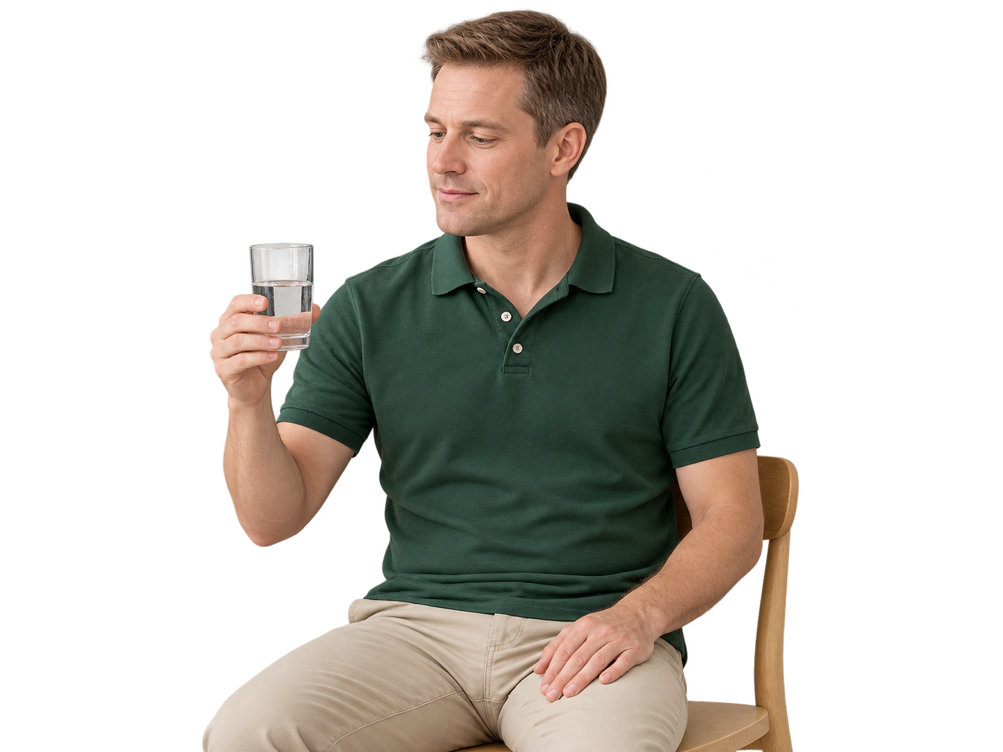 Mann in einem grünen Poloshirt sitzt auf einem Stuhl und hält ein Glas Wasser.