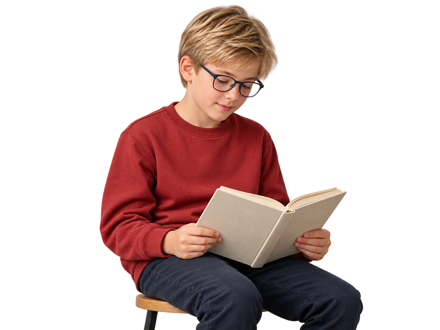 Junge mit Brille und rotem Pullover liest aufmerksam in einem Buch.
